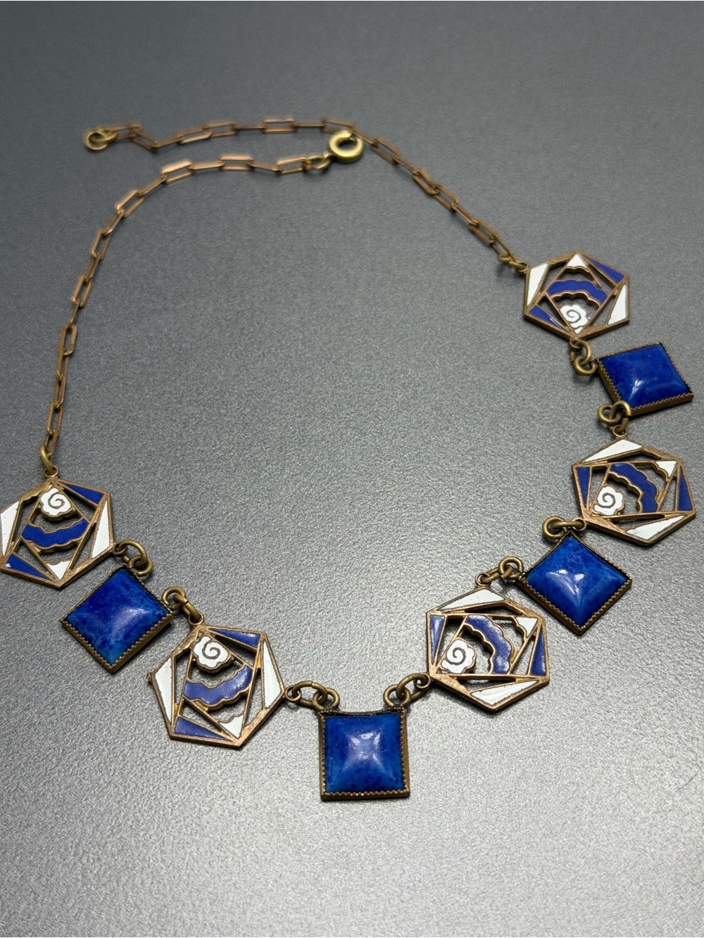 Vintage Champleve Enamel Blue  Art Deco Necklace